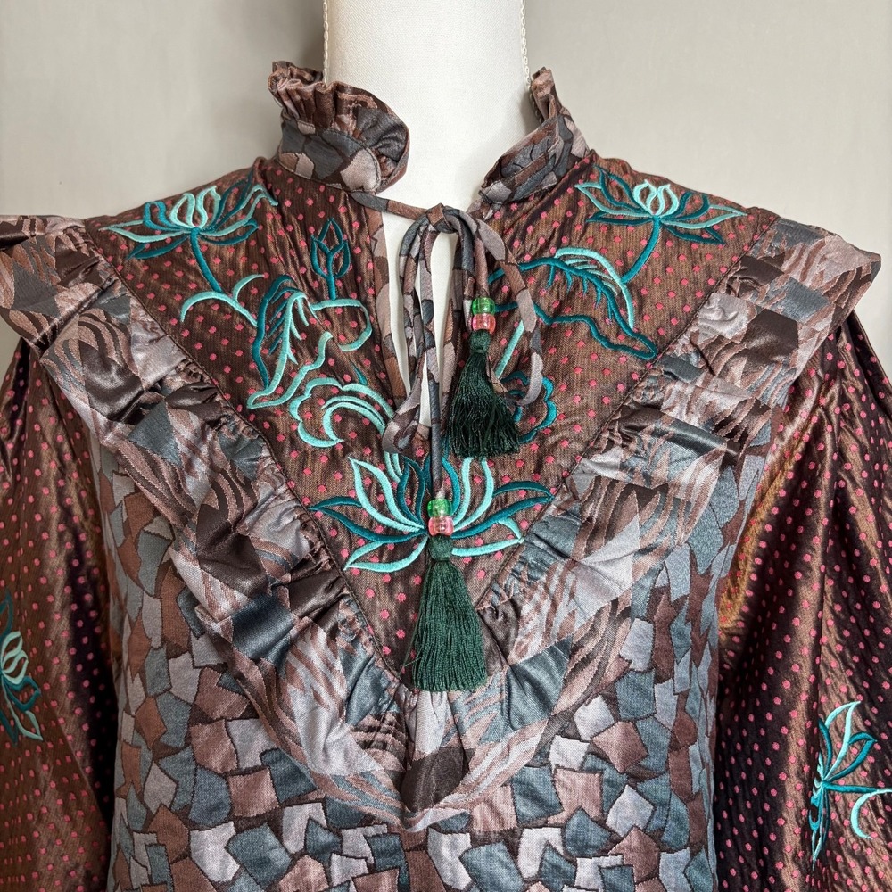 Vintage Diane Freis Top L Brown Floral Dot Puff Sleeve Boho Prairie Blouse - Picture 5 of 12